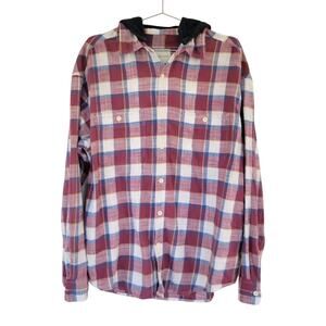 American Eagle Hooded Flannel Shirt Plaid Blue White Burgundy Women Size L